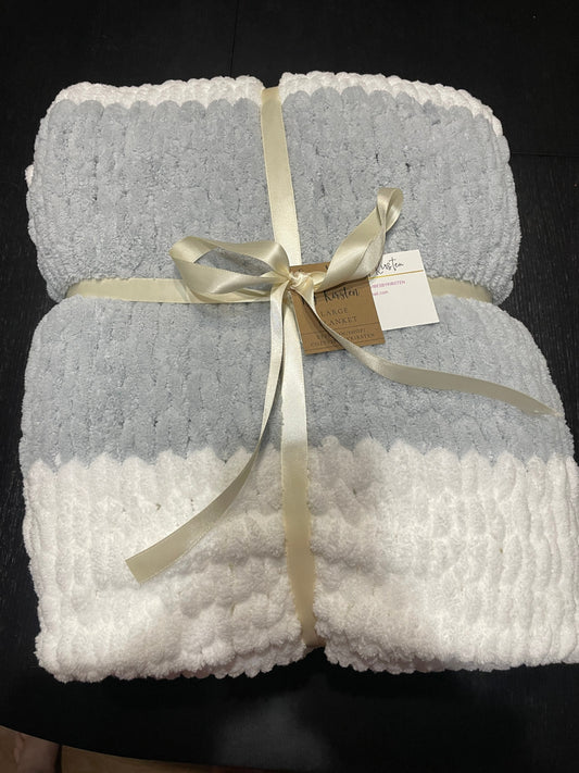 Large Light Gray, and White Plush Blanket - Ready to Ship!