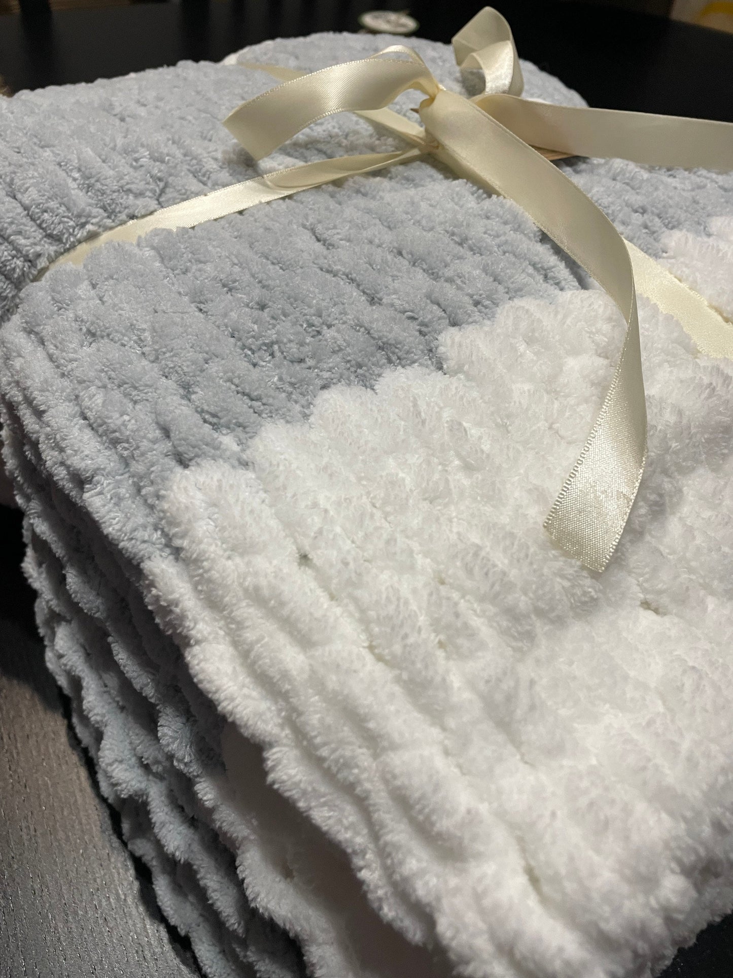 Large Light Gray, and White Plush Blanket - Ready to Ship!